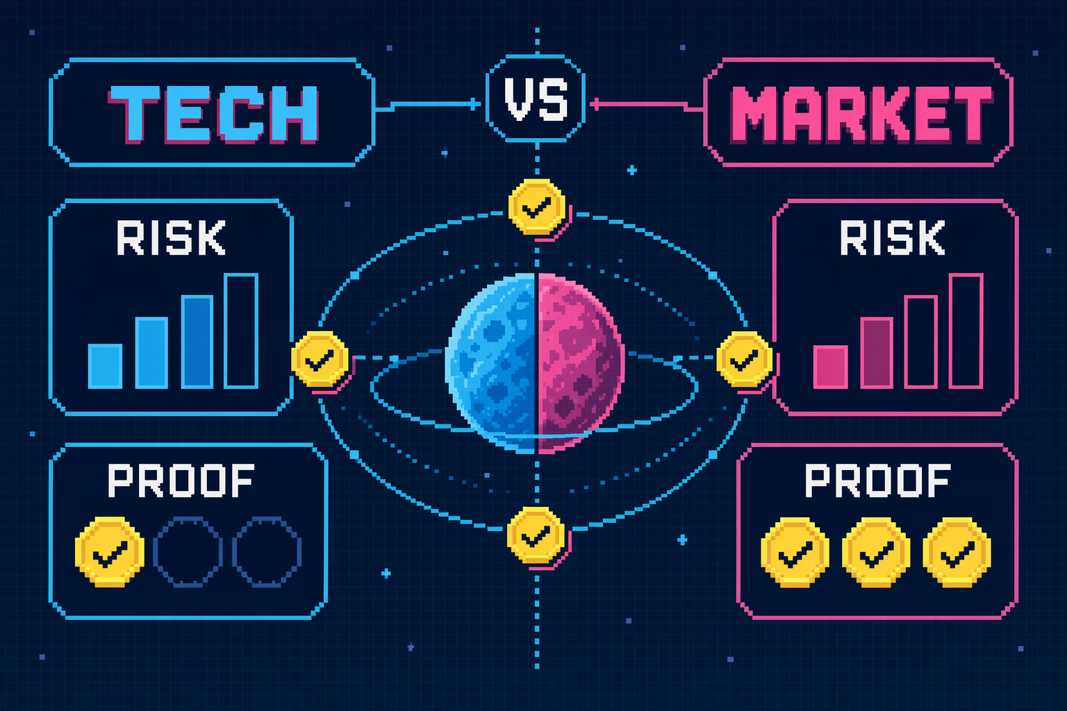 8-bit technical versus marketing MVP board showing tech, market, risk, and proof