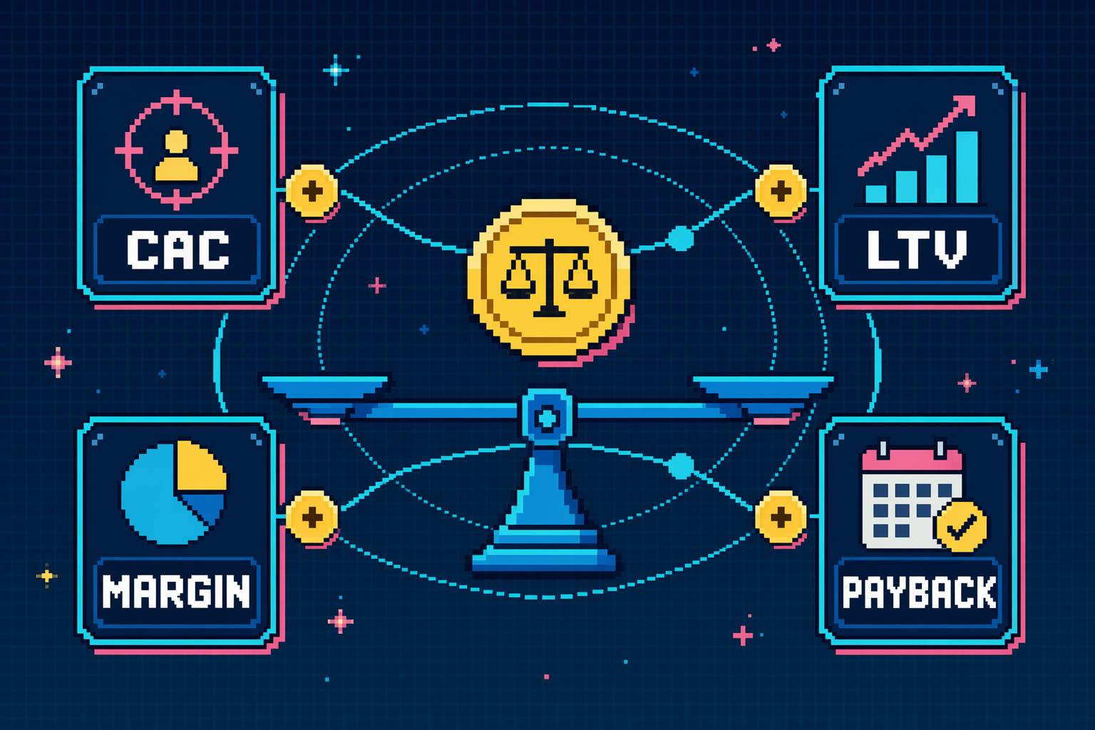 8-bit unit economics balance board showing CAC, LTV, margin, and payback