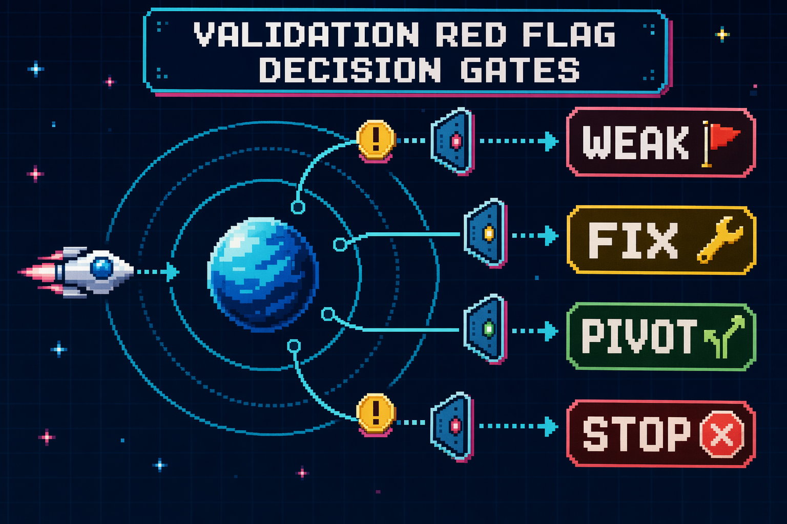 8-bit validation red flag gates showing weak, fix, pivot, and stop signals