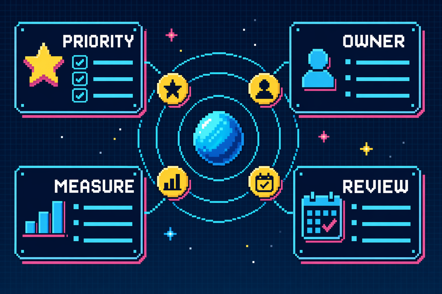 8-bit weekly planning board showing priority, owner, measure, and review