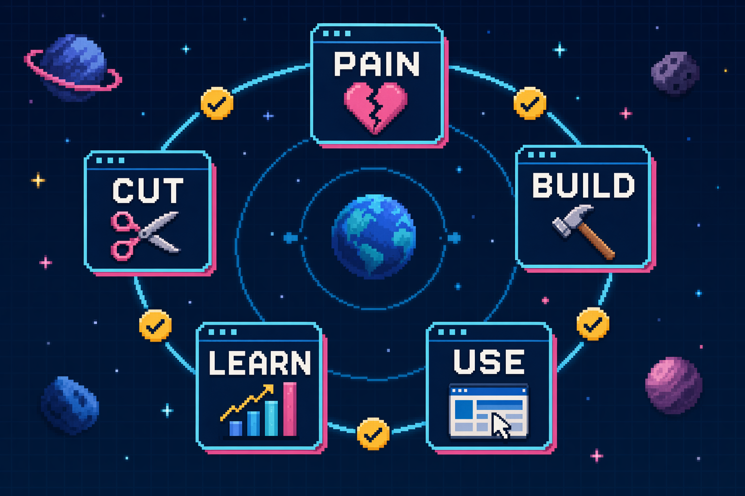 8-bit MVP learning loop showing pain, build, use, learn, and cut